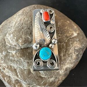 Sterling Silver Feather Turquoise and Red Coral Stone Money Clip 19736